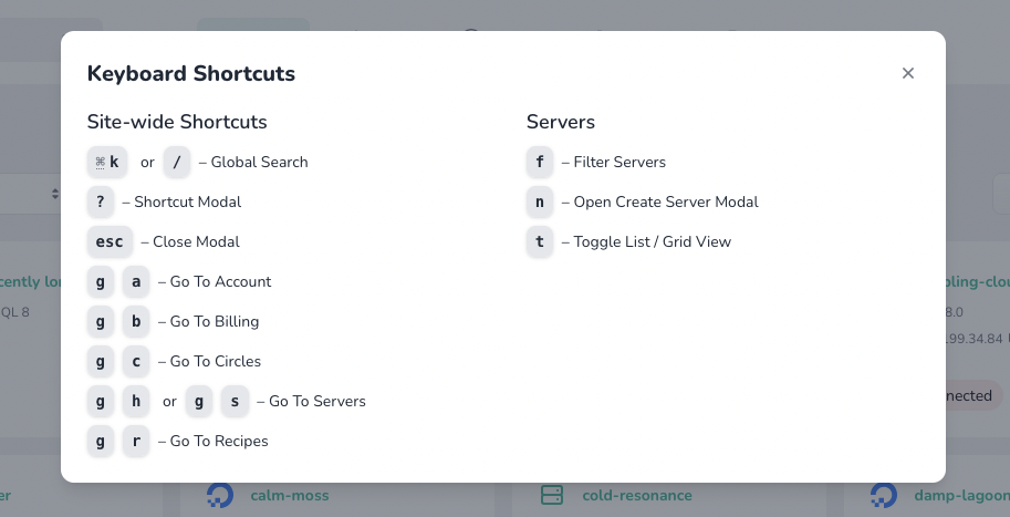 Keyboard shortcuts, viewable by pressing '?' in Forge