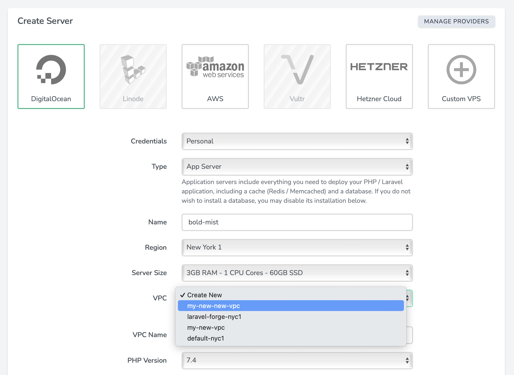 Selecting a DigitalOcean VPC.