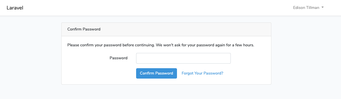 The new password confirmation screen