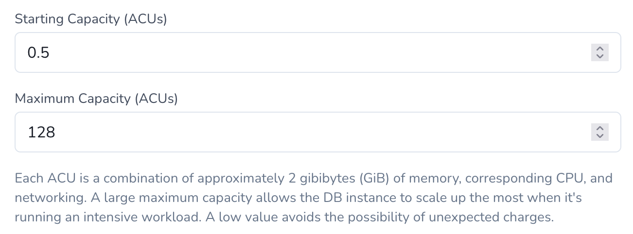 Create Serverless v2 Postgres limits