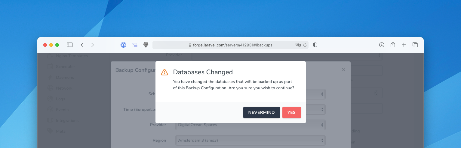 Forge will ask for confirmation when changing databases in a backup configuration.