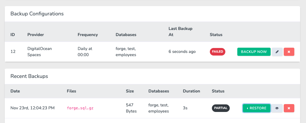 A failed configuration, with a "Partial" backup status.